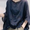 Art Navy Tops Ruffles Trim Half Sleeve Shirts Blouse Plus Size