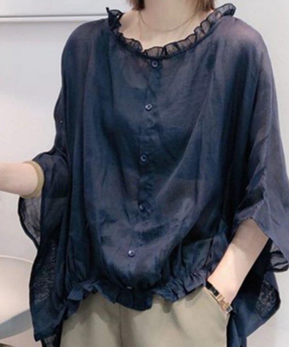 Art Navy Tops Ruffles Trim Half Sleeve Shirts Blouse Plus Size