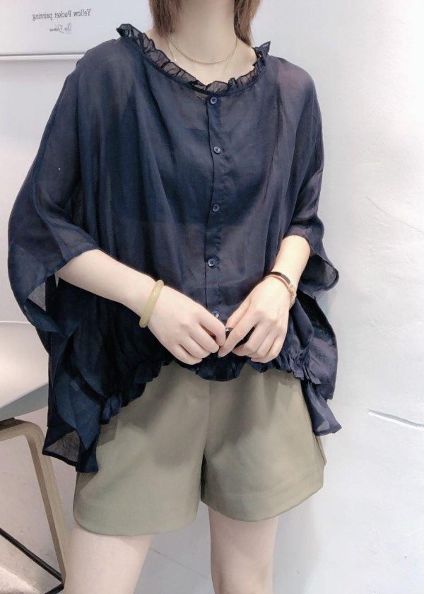 Art Navy Tops Ruffles Trim Half Sleeve Shirts Blouse Plus Size - Image 4