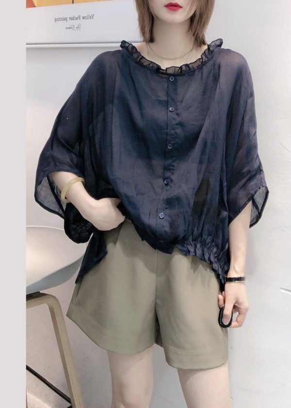 Art Navy Tops Ruffles Trim Half Sleeve Shirts Blouse Plus Size - Image 6
