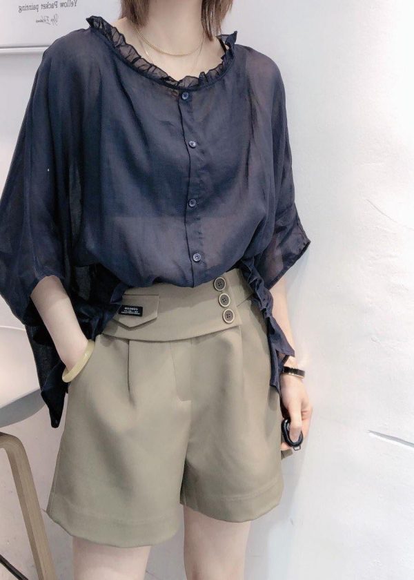 Art Navy Tops Ruffles Trim Half Sleeve Shirts Blouse Plus Size - Image 7