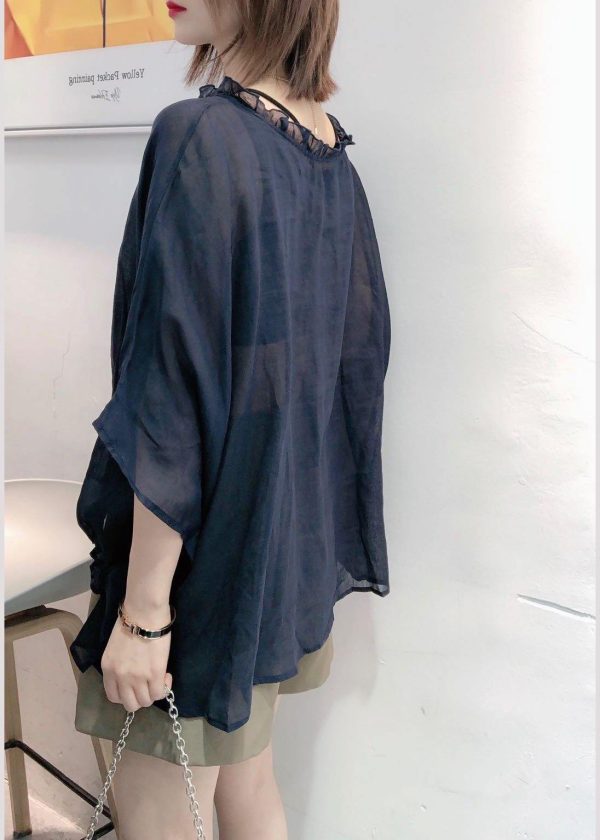 Art Navy Tops Ruffles Trim Half Sleeve Shirts Blouse Plus Size - Image 9