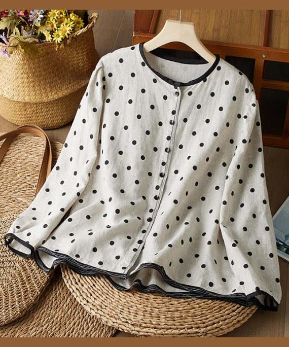 Art O Neck Dot Button Cotton Shirts Spring