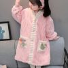 Art Pink Button Patchwork Fluffy Girls Pajamas Dress Long Sleeve
