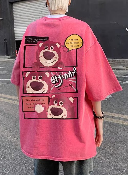Art Pink Cartoon Print Cotton Men T Shirts Half Sleeve
