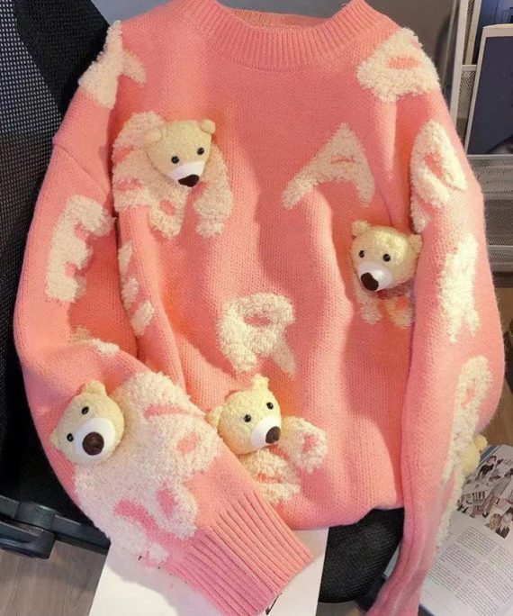 Art Pink O Neck Little Bear Cozy Knit Sweater Spring