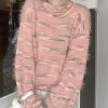Art Pink O Neck Striped Mink Velvet Sweater Spring