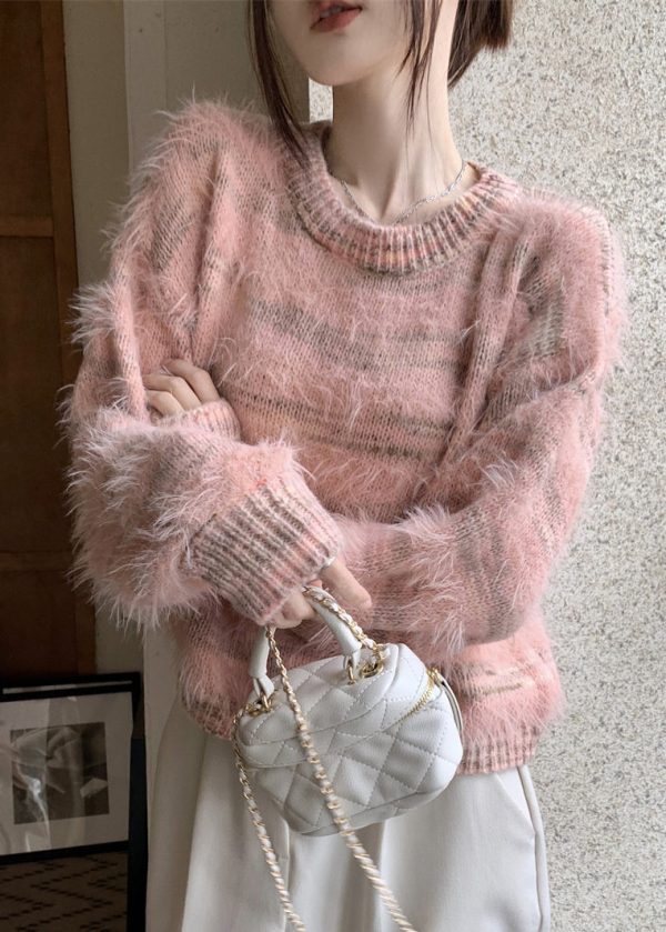 Art Pink O Neck Striped Mink Velvet Sweater Spring - Image 4