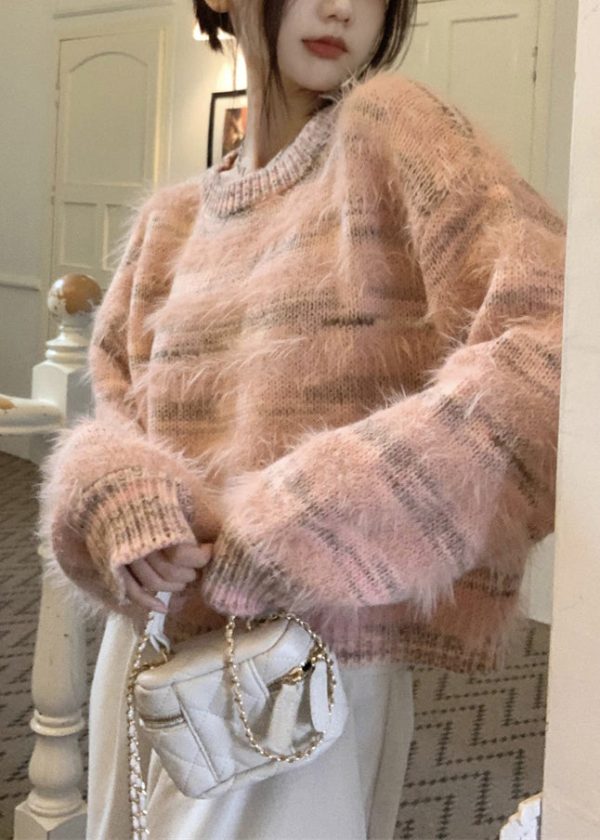 Art Pink O Neck Striped Mink Velvet Sweater Spring - Image 5