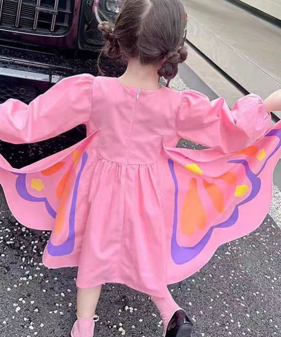 Art Pink Wrinkled Patchwork Girls Holiday Dress Long Sleeve