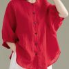 Art Red O-Neck Button Linen Loose Shirt Top Lantern Sleeve