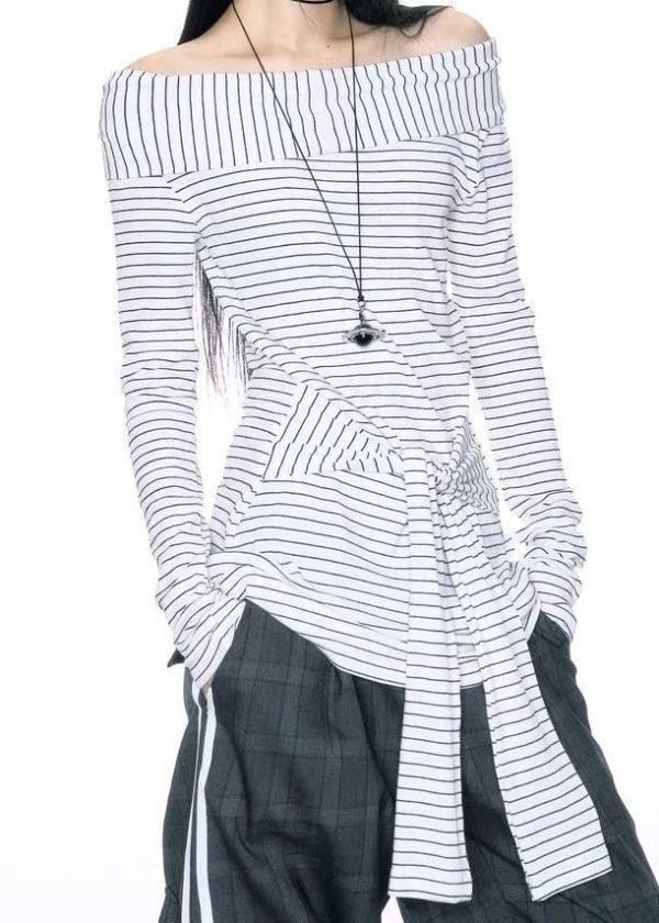 Art Slash Neck Striped Tie Waist Cotton T Shirts Summer