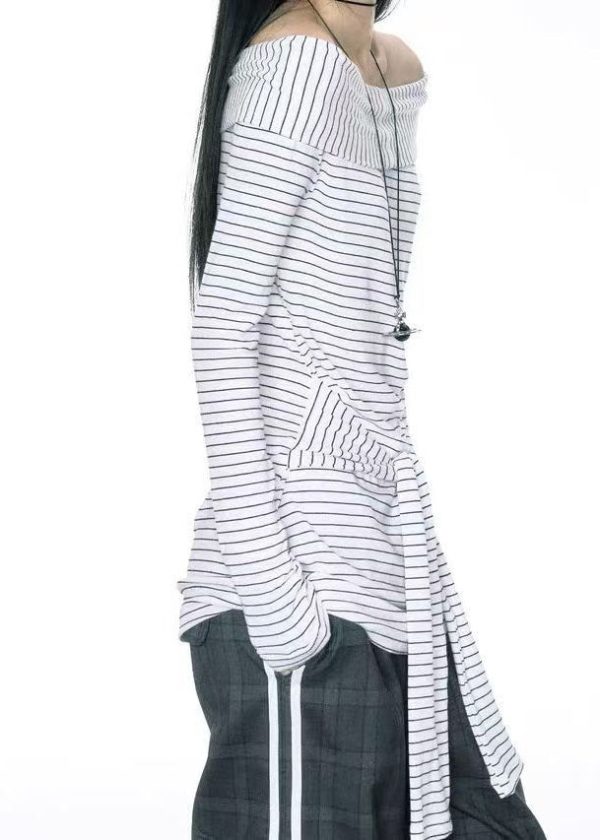 Art Slash Neck Striped Tie Waist Cotton T Shirts Summer - Image 5