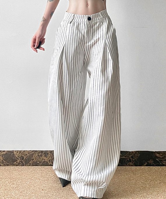 Art Striped Button High Waist Cotton Pants Summer