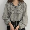 Art Striped Embroidered Lace Up Cotton Blouses Spring