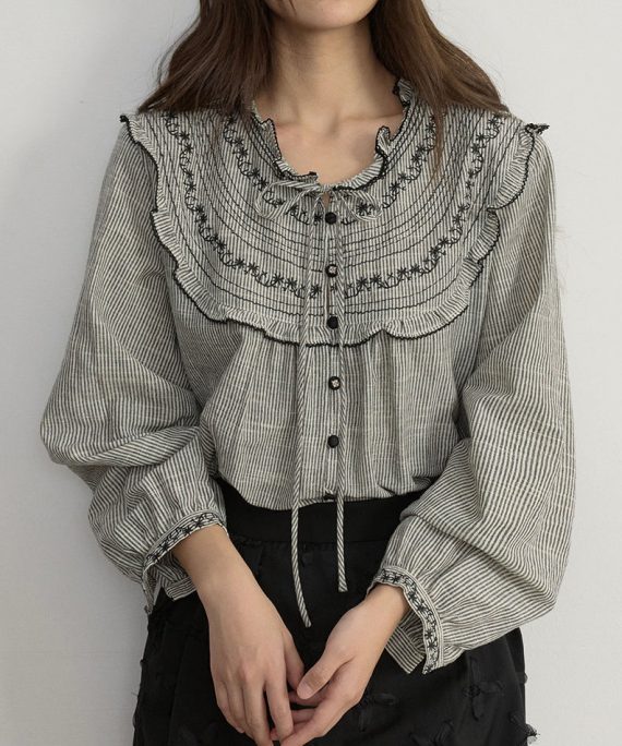 Art Striped Embroidered Lace Up Cotton Blouses Spring