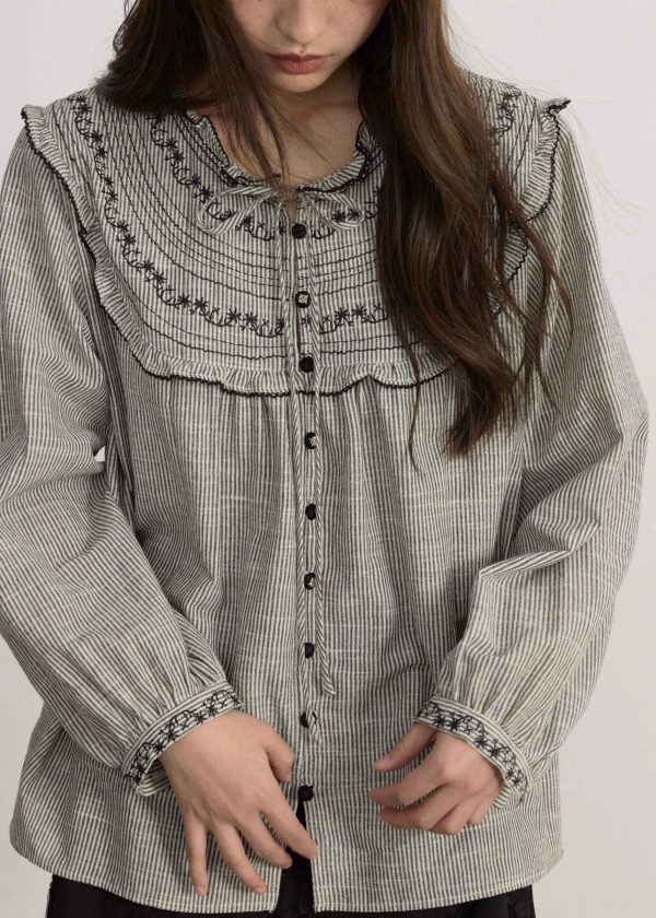 Art Striped Embroidered Lace Up Cotton Blouses Spring - Image 2