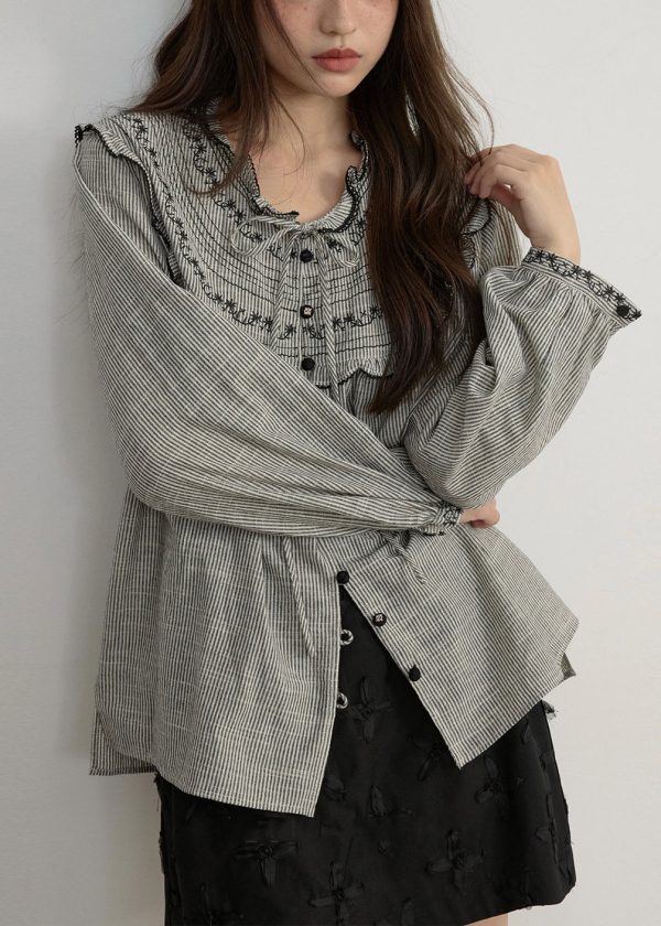 Art Striped Embroidered Lace Up Cotton Blouses Spring - Image 3