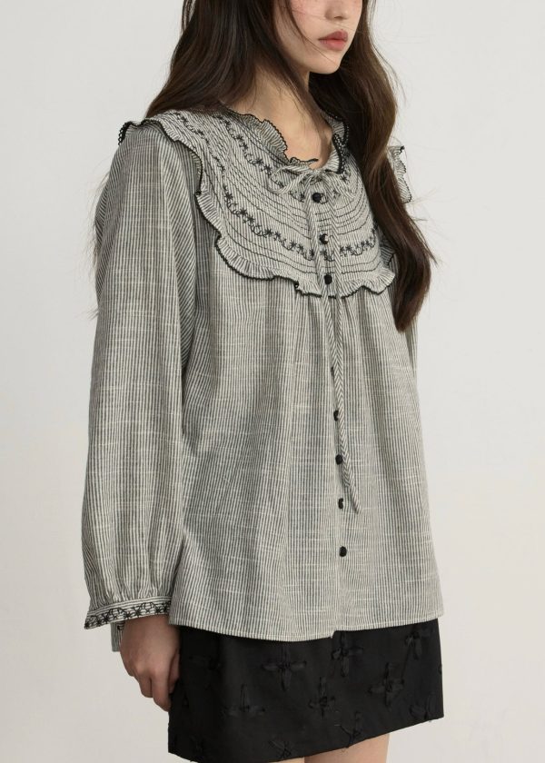 Art Striped Embroidered Lace Up Cotton Blouses Spring - Image 4