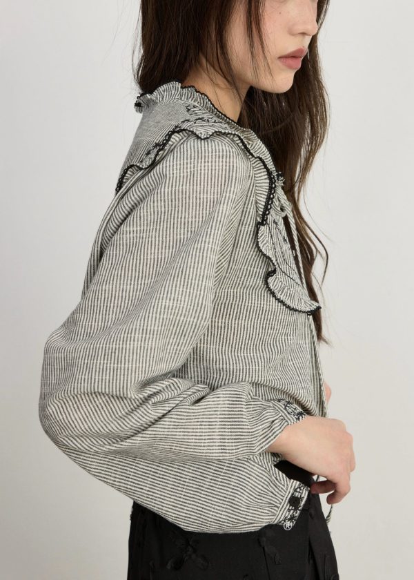 Art Striped Embroidered Lace Up Cotton Blouses Spring - Image 5