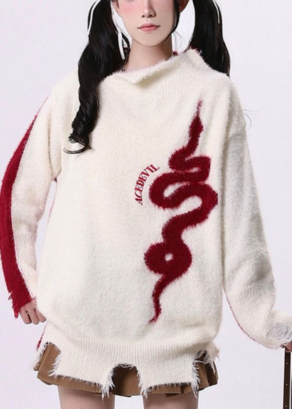 Art White Asymmetrical Patchwork Knit Sweaters Spring - Image 2