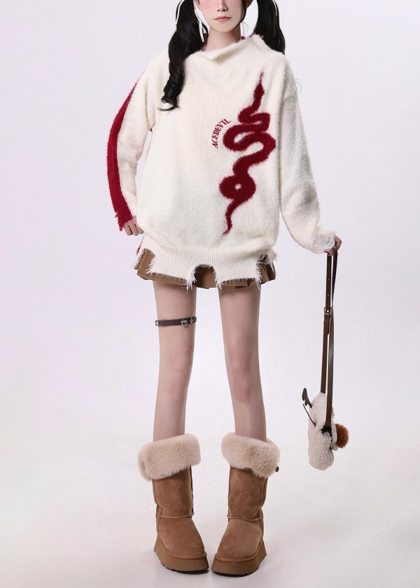 Art White Asymmetrical Patchwork Knit Sweaters Spring - Image 3