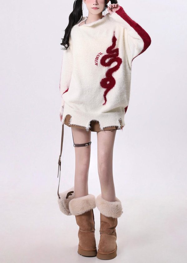 Art White Asymmetrical Patchwork Knit Sweaters Spring - Image 4
