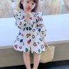 Art White O-Neck Print Girls Mid Dress Long Sleeve