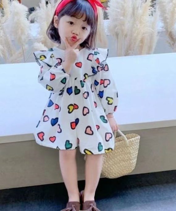 Art White O-Neck Print Girls Mid Dress Long Sleeve