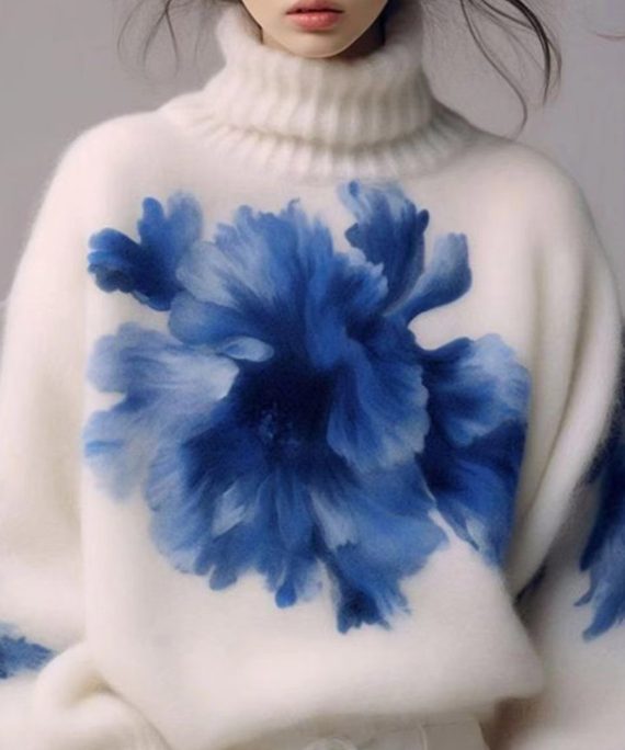 Art White Turtleneck Print Wool Knit Sweaters Spring