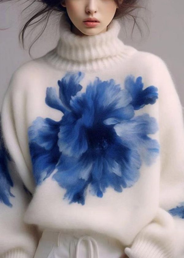 Art White Turtleneck Print Wool Knit Sweaters Spring - Image 2