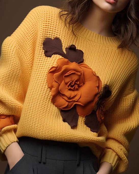 Art Yellow Floral Cozy Cotton Knit Tops Fall