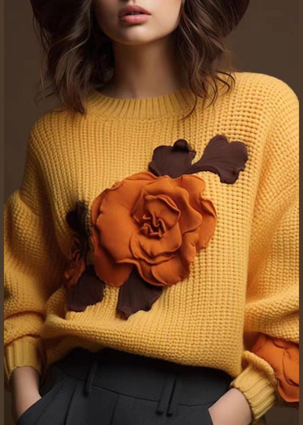 Art Yellow Floral Cozy Cotton Knit Tops Fall - Image 2