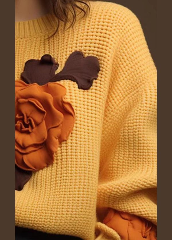 Art Yellow Floral Cozy Cotton Knit Tops Fall - Image 3