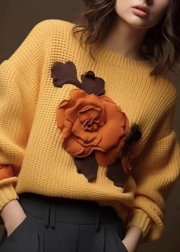 Art Yellow Floral Cozy Cotton Knit Tops Fall - Image 5