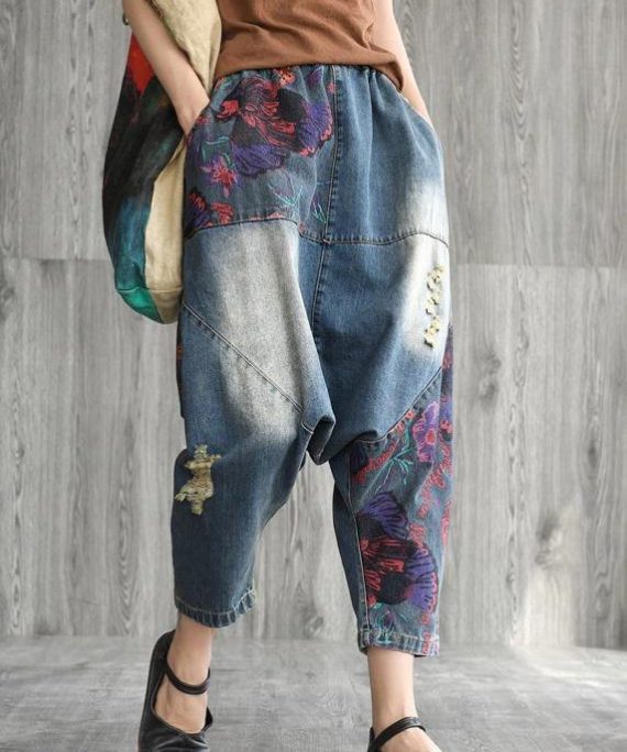 Art cotton clothes Women Casual Printed Frayed Low Crotch Jeans