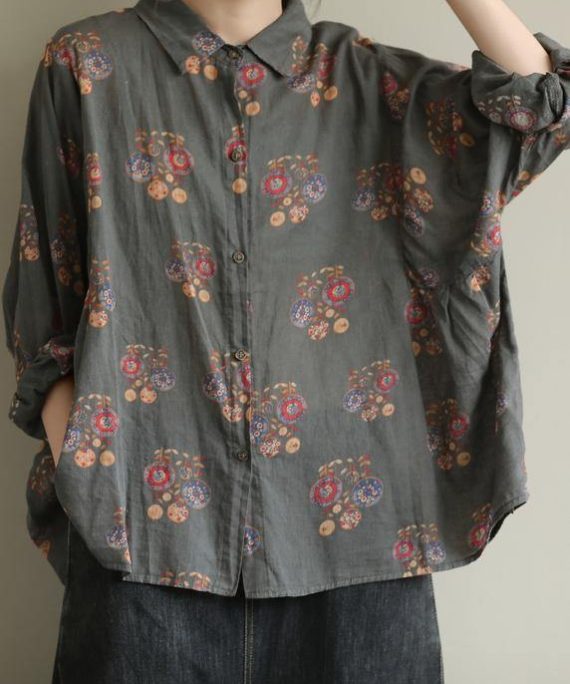Art dark gray print tunic pattern lapel baggy fall top