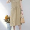 Art khaki linen clothes For Women v neck drawstring long summer Dresses
