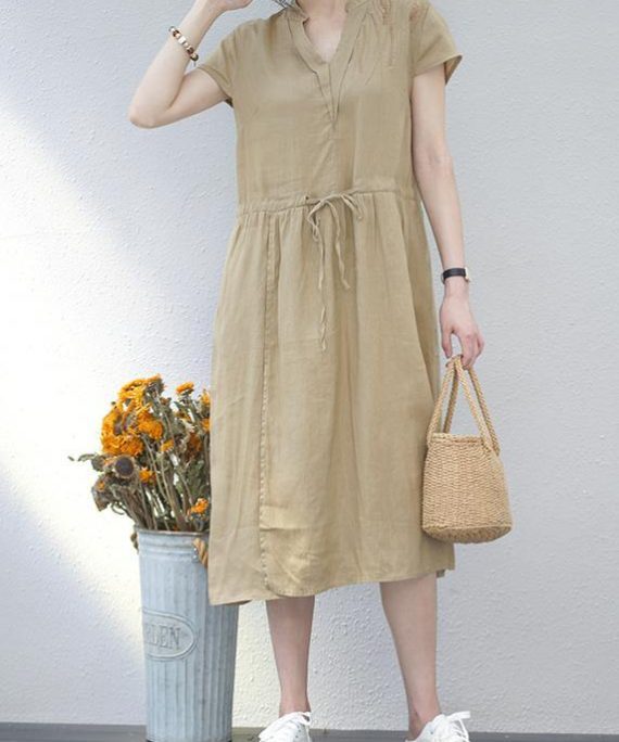 Art khaki linen clothes For Women v neck drawstring long summer Dresses