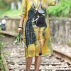Art linen yellow Robes plus size Women Summer Casual Cute Printed Dress