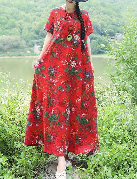 Art prints linen dress plus size Inspiration red Robe Dress summer