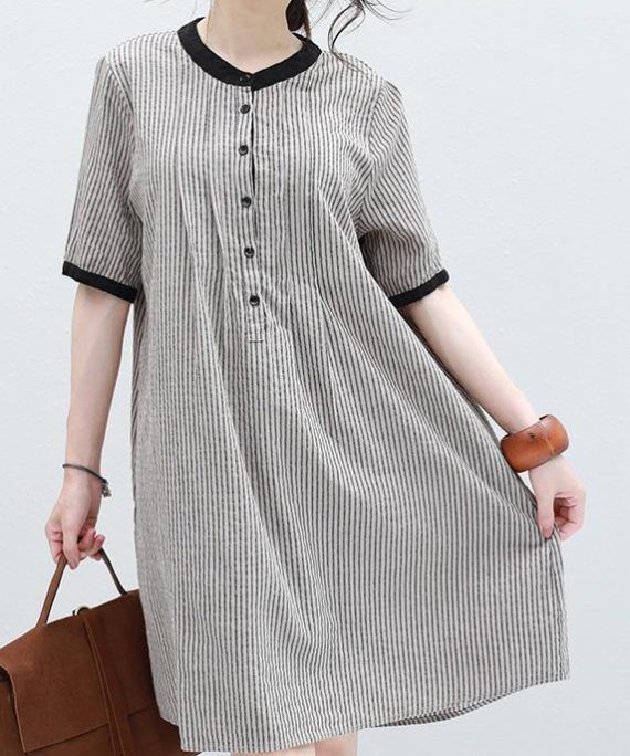 Art striped linen clothes short sleeve Plus Size summer Dresses