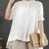 Art white embroidery linen top for women stand collar Midi summer top