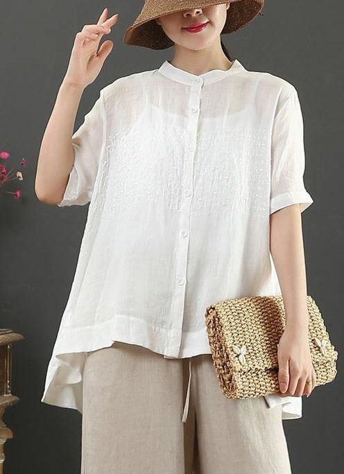Art white embroidery linen top for women stand collar Midi summer top