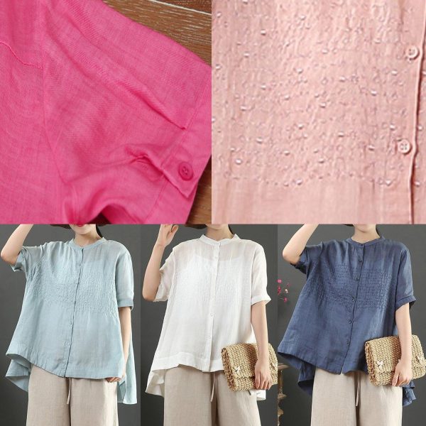 Art white embroidery linen top for women stand collar Midi summer top - Image 5