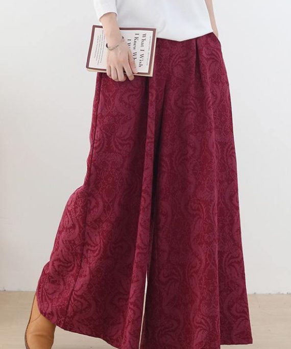 Autumn and winter Retro Red jacquard thickened women's wide leg pants