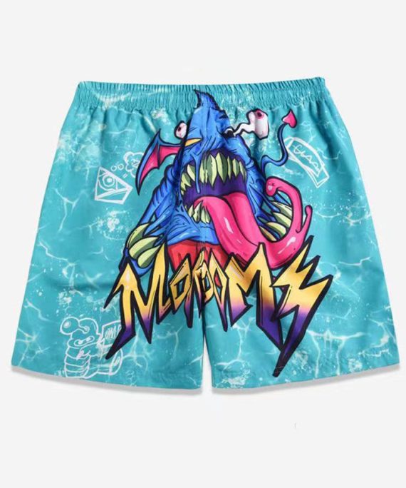 Beach Blue Print Elastic Waist Cotton Men Beach Shorts Summer
