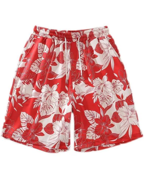 Beach Red Print Lace Up Cotton Mens Shorts Summer