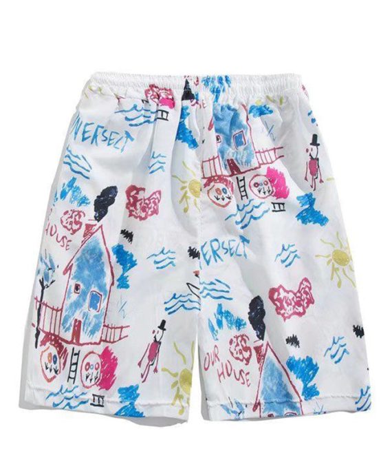 Beach White Print Elastic Waist Cotton Summer Men Beach Shorts