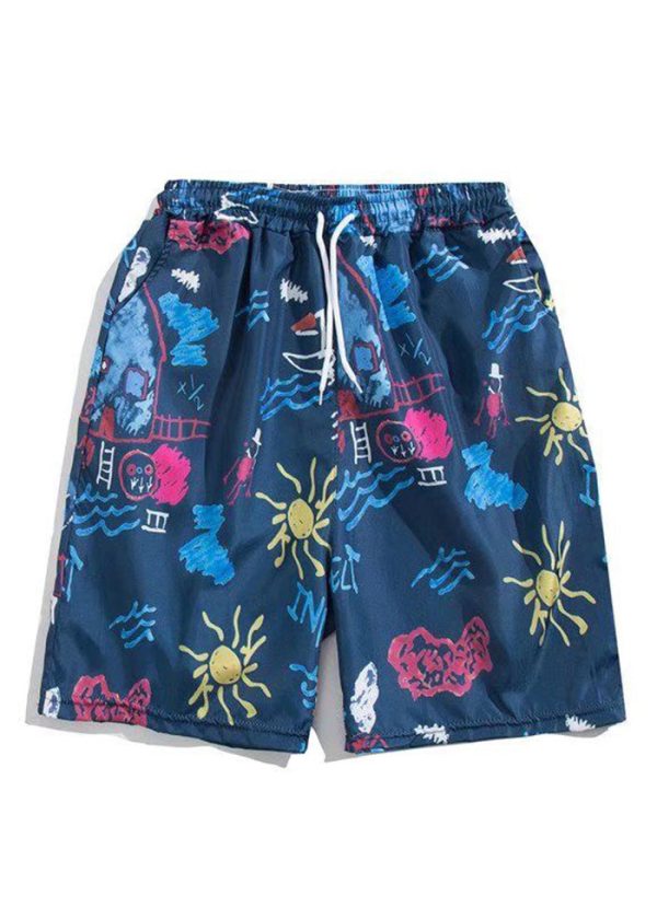 Beach White Print Elastic Waist Cotton Summer Men Beach Shorts - Image 2